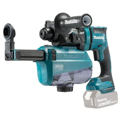 Makita 18V borehammer med AWS og AVT-teknologi, komplet med støvopsamler og batteri på hvid baggrund.