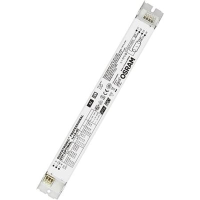 Nærbillede af Osram Quicktronic QTP-Optimal HF-spole med tydelig produktinformation og tilslutningsdiagrammer.