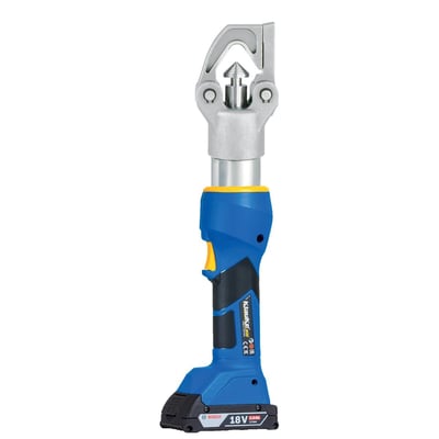 Klauke BAT.HYD hydraulisk presseværktøj til 10-240mm² kabler med Bosch 18V batteri og gul udløserknap.