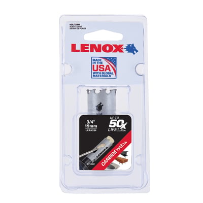 Lenox karbidtands hulsav på 19mm, præsenteret i sin klare blisterpakke med 'Made in USA' mærkat.