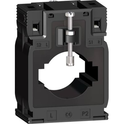 Schneider Electric CT TROPI strømtransformer i sort plast, designet til 600A og 40mm kabeldiameter, med tydelige mærkninger.