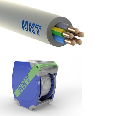 Detaljebillede af NKT installationskabel NOIKLX Qaddy 5G4, der viser de fem farvede kobberledere og den grå, lette yderkappe med NKT logo.