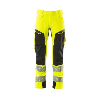 Mascot Hi-Vis bukser i gul og sort, str. 82C44, med reflekser nederst på benene og sorte knælommer.
