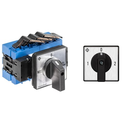 Kraus & Naimer afbryderkontakt, 3-polet med sort aflåseligt greb, vist fra siden med blå baggrund og koblingsterminaler.