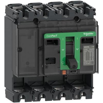 Schneider Electric Maksimalafbryder NSX160F, 4-polet grundenhed uden relæ, grå og sort med grønt håndtag og tydelige numre på terminalerne.