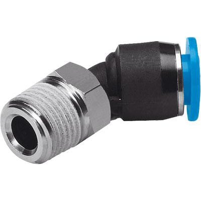 Festo lige forskruning QSW-1/8-4 med 2,5 mm nominel størrelse og udvendigt sekskantgevind i metal. Fittings er fremstillet af sort plast med en blå push-in lukning.