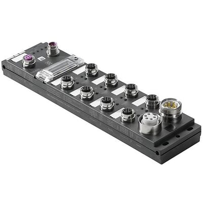 Weidmüller UR67-PB-78-16DI-12-60K fordelerboks med 16 digitale udgange, Profibus DP, viser forskellige M12 og 7/8“ stik samt LED-indikatorer.