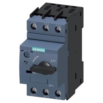 Siemens 3RV2 motorværn, størrelse S0, 14-20A med drejehåndtag og skruetilslutning, vist på hvid baggrund.