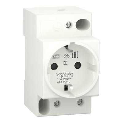 Schneider Electric modulstikkontakt til DIN-skinne, 16A, 230V med sidejord set fra skrå vinkel, viser stikdåsens detaljer.