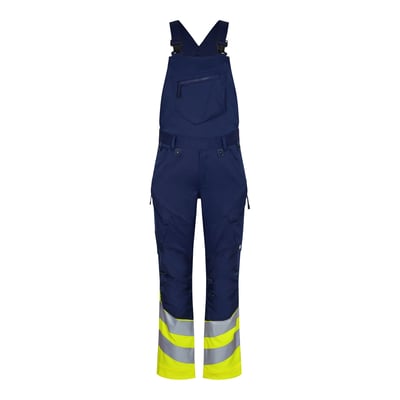Engel Safety Overall i str. 104 i farven Blue Ink/Gul, med høj ryg og reflekterende striber ved anklerne.