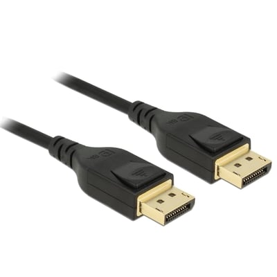 Delock DisplayPort kabel 8K, 3 meter langt, sort med guldbelagte stik og DP 8K logo på stikket.
