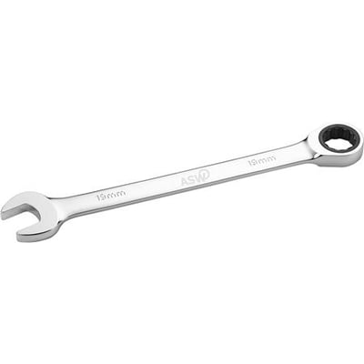 ASW 19mm ringgaffelnøgle med skralde i mat krom med synlige markeringer for 19mm.
