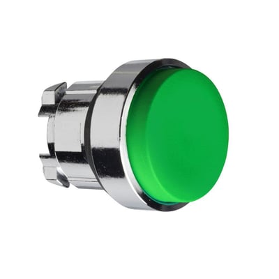 Schneider Electric grøn ophøjet trykknap med kromfarvet frontring på hvid baggrund, model ZB4BL3.