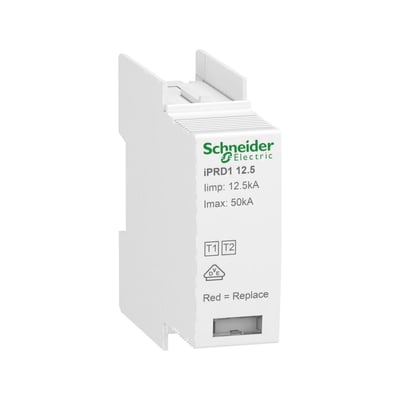 Schneider Electric overspændingsafleder iPRD1 12.5 patron til beskyttelse af elektriske installationer med en limp på 12.5kA og Imax på 50kA.