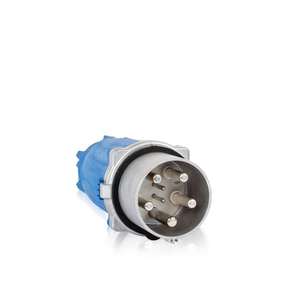 CEE stik med 160A, 6h pinposition og 3P+PE konfiguration, vist med blåt plasthus og metalstik.