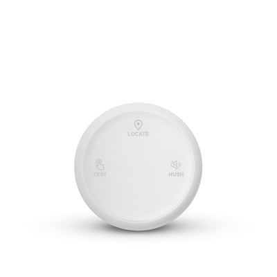Housegard Luma trådløs fjernbetjening i hvid set forfra med runde knapper mærket Locate, Test og Hush.