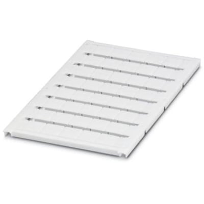 Nærbillede af Phoenix Contact UC-TM 12 mærkeskilteark, viser de præperforerede spor til 12mm brede klemmer.