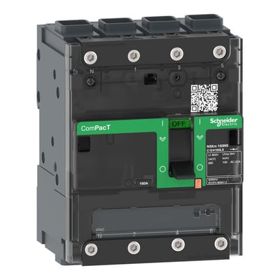 Schneider Electric ComPacT NSXm 100NA lastadskiller set fra siden, med tydelig angivelse af 'OFF' og tekniske specifikationer på en mærkat.