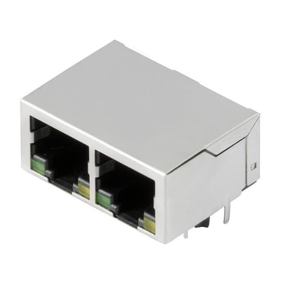 Weidmüller RJ45-transformerjack til printkort med metalafskærmning, to stikåbninger og synlige LED-indikatorer.