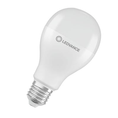 Osram Ledvance LED standard pære set fra siden, med mat hvid overflade og E27 skruesokkel, angiver 19W.