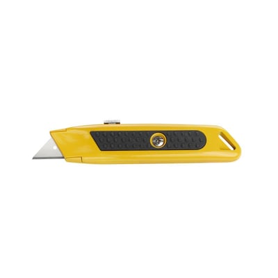 Ironside universalkniv på 150 mm i gul med sort gummigreb og udtrukket klinge, set fra siden.