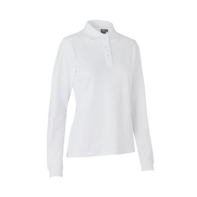 ID Identity poloshirt til damer i hvid, str. S, med lange ærmer og tone i tone knaplukning.