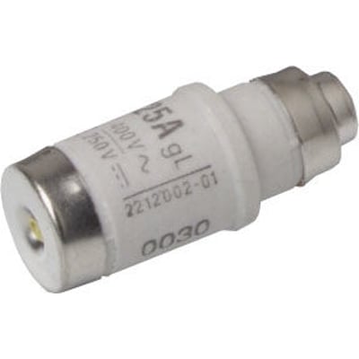 ETI D02 sikring på 25A med hvid keramik og metalender, tydeligt mærket med tekniske specifikationer.