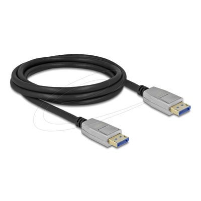 DeLock DisplayPort-kabel på 2 meter med sort kabel og to stik i metalhus, vist sammenrullet.