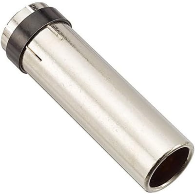 Cylindrisk MB 36 gasdyse i forniklet metal med en sort ring for enden, ideel til svejseopgaver.