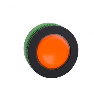Orange LED flush lampehoved fra Schneider Electric med sort ramme og grøn fastgørelsesring på hvid baggrund.