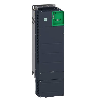 Schneider Electric ATV340 frekvensomformer, 45kW 400V, IP20, med et nærbillede af den grønne terminalboks og tydelig Schneider Electric logo.