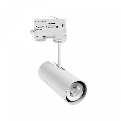 Det hvide SpectrumLED Madara Libra skinnespot ses fra siden, monteret på en skinne med justeringsmuligheder.