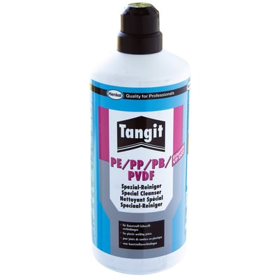 Tangit KS Nordic rensevæske til plastsvejsning i en hvid flaske med blå og pink etiket og sort låg, 1 liter.