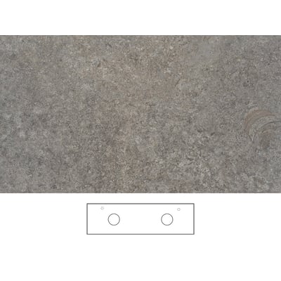 Svedbergs Mineral bordplade i kalksten, 161 x 46 cm, med grå stenstruktur og tegning af dobbelt udskæring og armaturhuller.