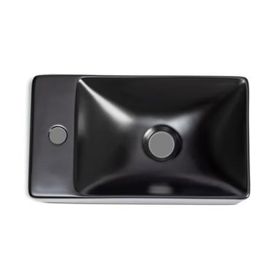 Firkantet håndvask i mat sort keramik, måler 38x22x10 cm, med hanehul placeret til venstre.