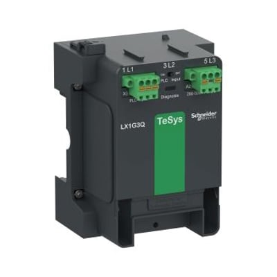Schneider Electric kontrolmodul LX1G3Q til 3-polet TeSys Giga kontaktor, viser terminaler og diagnostikfunktioner. Modulet er mørkegråt med grønne mærker.