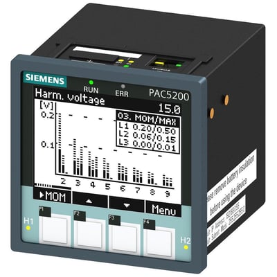 Nærbillede af Siemens SENTRON PAC5200 måleenhed, viser LCD-display med detaljeret strømkvalitetsdata og knapper til menu navigation.