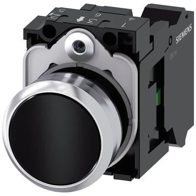 Siemens 22mm trykknap i sort metal med rund, flad trykflade og fjederklemme på hvid baggrund.