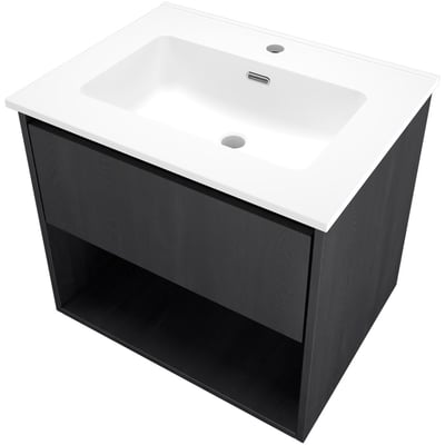 Sanibell Proline møbelsæt 61x46 cm i sort eg med en skuffe og åben hylde, hvid porcelænsvask med hanehul og overløb.