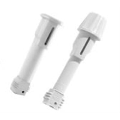 To hvide skruer af plast til CU kasser, den ene med et rundt hoved og den anden med et konisk hoved.