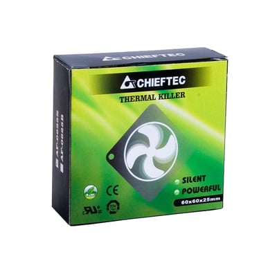 Chieftec AF-0625S kabinet blæser emballage med teksten "Thermal Killer" og specifikationerne 60x60x25mm.