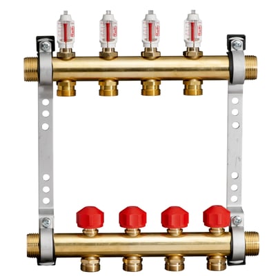Roth gulvvarmefordeler i messing med 8 afgange, monteret med røde drejeknapper og tydelige flowmålere.