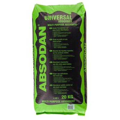 Sæk med Absodan universal oliegranulat på 20 kg i grøn og sort emballage med teksten Universal Absorber.