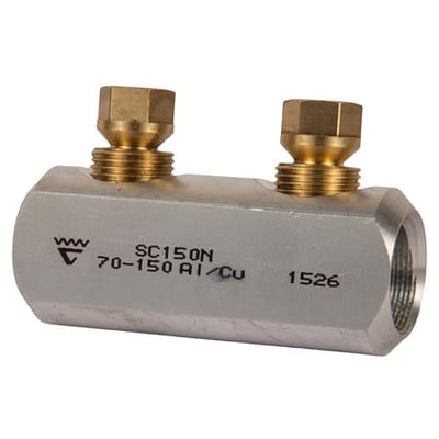Elpress knækbolt muffe SC150N til 1 kV kabler, viser muffens messingbolte og aluminiumshus med 70-150 mm² mærkning.