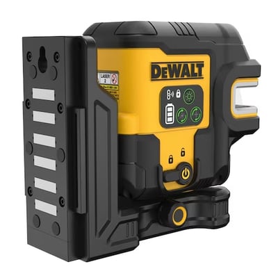 DeWalt DCLE14251GB-XJ krydslinjelaser med grøn laser og 5 punkter, vist med monteringsbeslag på siden.