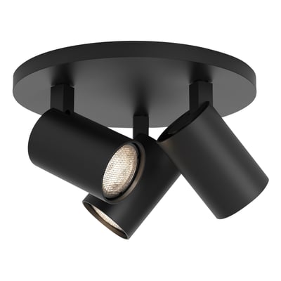 Astro Lighting Ascoli Triple Round loftlampe i mat sort med tre cylinderformede, kipbare spots set skråt nedefra.