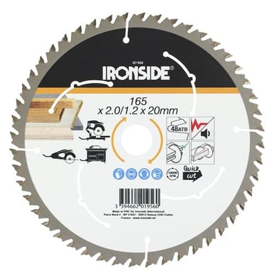 Ironside rundsavklinge til træ, set forfra med sølvfarvet tandkrans og mærkning for 165 mm og 48 tænder.
