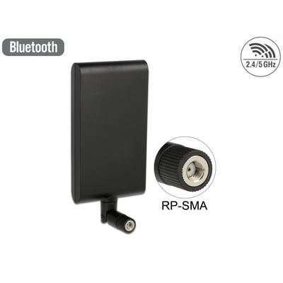Sort DeLock dualband-WLAN-antenne med flad rektangulær antenneflade og RP-SMA-stik, vist med stikdetalje.