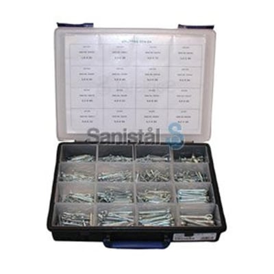 Åben Raaco sortimentskasse indeholdende 930 splitter DIN 94 i forskellige størrelser, organiseret i 16 rum.