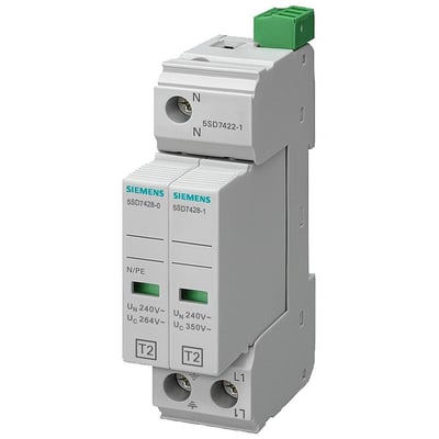 Siemens overspændingsafleder 5SD7, C/T2/II, 350V, 2-polet, med grøn terminal og T2 mærkning.